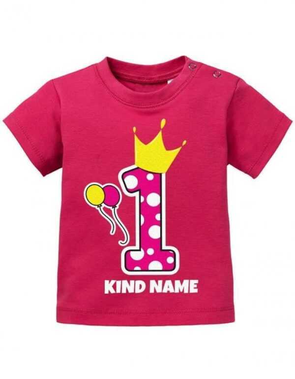 1 Geburtstag - Pünktchen Eins Pink Krone Mädchen Baby T-Shirt Mit Wunschnamen