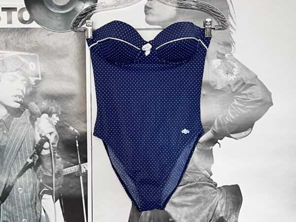 1970S Badeanzug Blau Weiß Dot/Vintage Einteiler Bandeaubadeanzug Schwimmanzug Gepunktet Rockabilly 61221