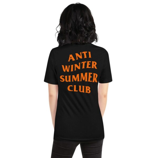 Anti Winter Sommer Club, Schwarz Weiß Orange T-Shirt, Frauen Baumwolle Kurzärmeliges Style Urlaubsmode, Sommerzeit, Warp Orange Text