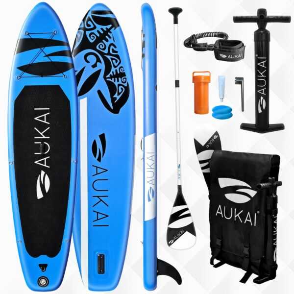 Aukai® Stand Up Paddle Board 320cm SUP Surfboard aufblasbar + Paddel Surfbrett Paddling Paddelboard - in verschiedenen Designs und Farben, blau