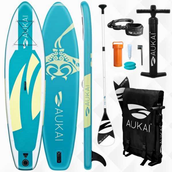 Aukai® Stand Up Paddle Board 320cm SUP Surfboard aufblasbar + Paddel Surfbrett Paddling Paddelboard - in verschiedenen Designs und Farben, türkis