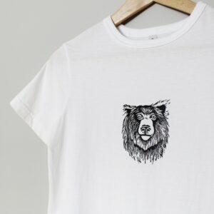 Bär T-Shirt, Kid Unisex Grizzly Shirt, Schwarzer Handbedruckt Tier Kleidung, Handgestempeltes Design, Monochromer Blockdruck