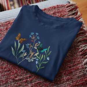 Bio Baumwoll T-Shirt Für Damen, Organic Shirt Blumen Und Schmetterlinge