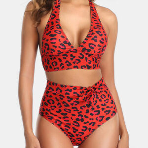 Damen Bikini Leopard Triangle Halfter String mit hoher Taille Sexy Badeanzug