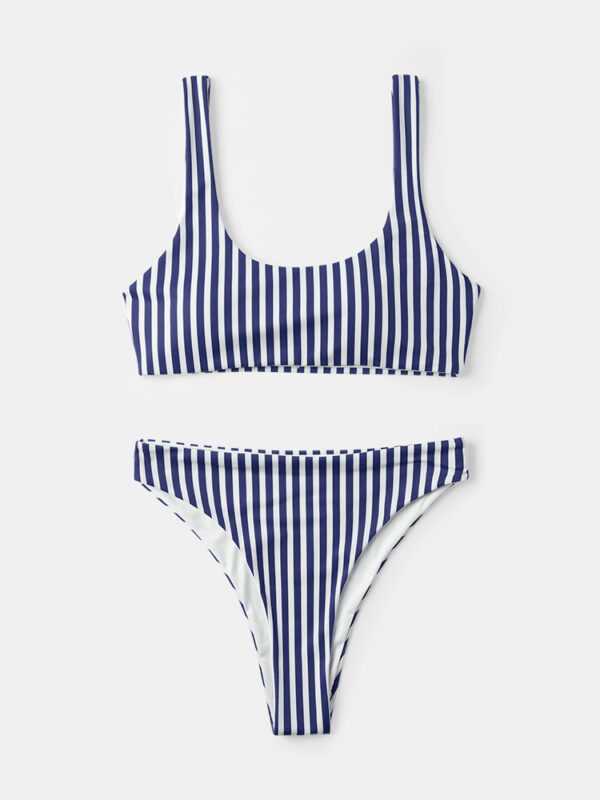 Damen Einfache, vertikal gestreifte, drahtlose, breite Träger, hoch taillierte Bikinis Badeanzug