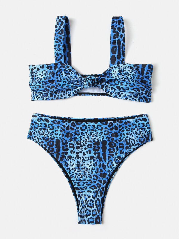 Damen Leopardenmuster Krawatte Front Breiter Schultergurt Bikinis Badeanzug mit hoher Taille