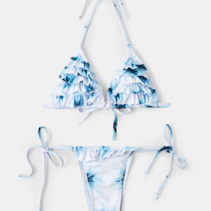 Damen Print Flower Trim Triangle Bikinis Halfter String Backless Badeanzug