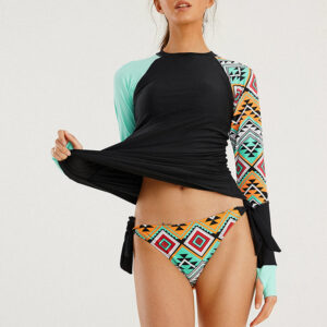 Damen Sport-Badeanzug Vintage Sonnenschutz mit langen Ärmeln Surfing String Panty Cover Belly Tankini