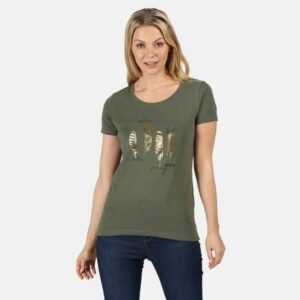 Damen T-Shirt Olive Ölgrün Grün Feder Gold