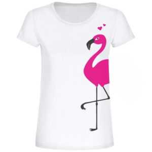 Damen T-Shirt Weiß Mit Pinkem Großem Flamingo