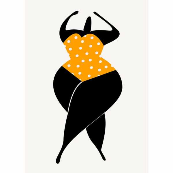 Fototapete mit Frau in Badeanzug | Kunst Fototapete in Schwarz Gelb für Schlafzimmer und Wohnzimmer | Punkte Tapete im 60er Jahre Retro Stil - 280 x