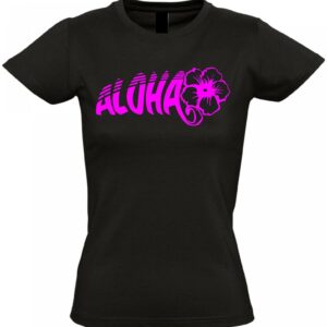 Frauen T-Shirt Schwarz Mit Druck Flockdruck Aloha Pink