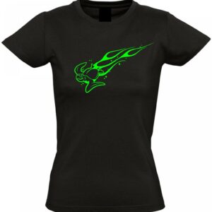 Frauen T-Shirt Schwarz Mit Druck Flockdruck Schildkröte Grün Neongrün