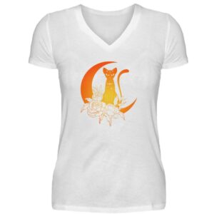 Goldene Katze Sitzt Im Mond - V-Ausschnitt Damenshirt T-Shirt Mit Grafik Für Frauen Und Mädchen Geschenkidee