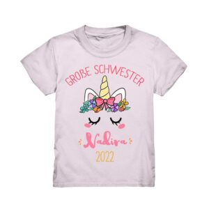 Große Schwester 2022 T-Shirt Personalisiert Einhorn Unicorn Geschenk Geburt Babyparty Baby Shower Ankündigung Schwangerschaft Mit Namen