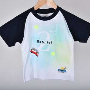 Handbemaltes Kinder T-Shirt 98/104cm, Kindergeburtstags T-Shirt, Design 2, Stern in Neonfarbe Feuerwehr