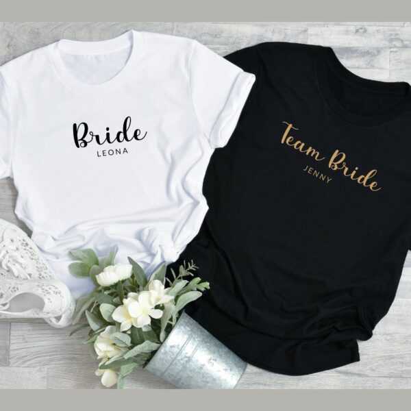 Jga T-Shirt |Bride & Team Bride Mit Namen | Hochzeit Geschenk Freunde Individuell Damen Verlobung Braut Dajgts-1005