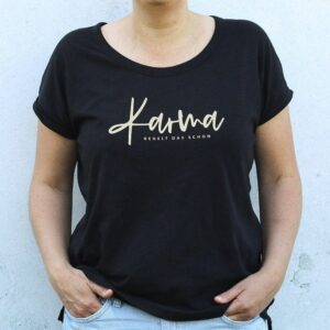 Karma Regelt Das Schon | Fear Wear Damen Flammengarn T-Shirt Rundhals Statement Gold Glitzer Fashion Geschenkidee