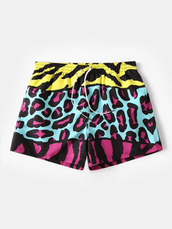 Lustige Colorblock Spot & Hand Pattern Print Strandhose Colorful Mesh Line Surfing Badeanzug Shorts
