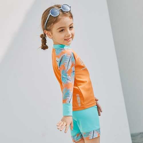Mädchen zweiteilige Langarm Badeanzug + Cap Set UPF50 + Sonnenschutz Quick-dry Rash Guards Bademode Badeanzug für Kinder Kleinkind Orange 90CM