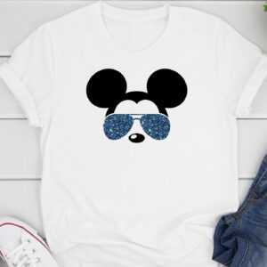 Mickey Mouse Mit Glitzer Brille/T-Shirt 100% Bio-Baumwolle Bedruckt Damen Und Herren Dshirts Design