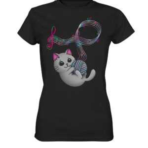 Musik Katze Spielt Mit Notenschlüssel Und Noten T-Shirt Musiker T Shirt Katzen Tshirt Damen Frauen Premium