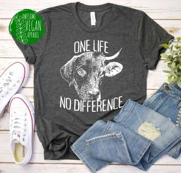 One Life No Difference Shirt, Vegan Vegetarian Activism For Meatless Life, Cow & Dog Lovers, Animal Protection Gift, Premium T-Shirt