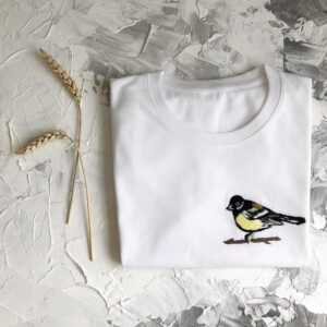 Süße Pastell Vogel T-Shirt, Herbst, Von Hand Bestickt T-Shirt, Geburtstagsgeschenk, Boho-stil-Shirt, Genäht Titmouse, Süße Ungewöhnliche Shirt