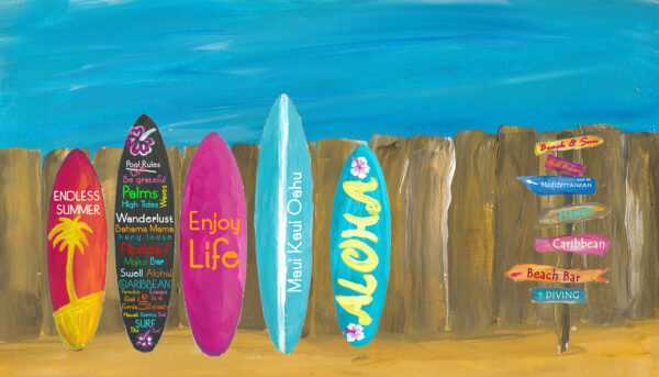 The Summer & Palms Surfboard Strandwand - Fine Art Print
