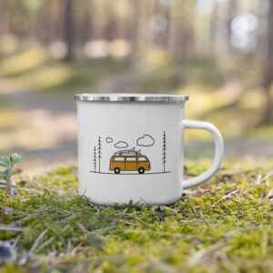 Vanlife Enamel Mug For Roadtrips, Van With Surfboard Camping, Outdoorlife, Can Be Personalized