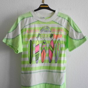 Vintage 80S Surfer T-Shirt S/M Neon Grün Weiss Gestreift Surfboard Print