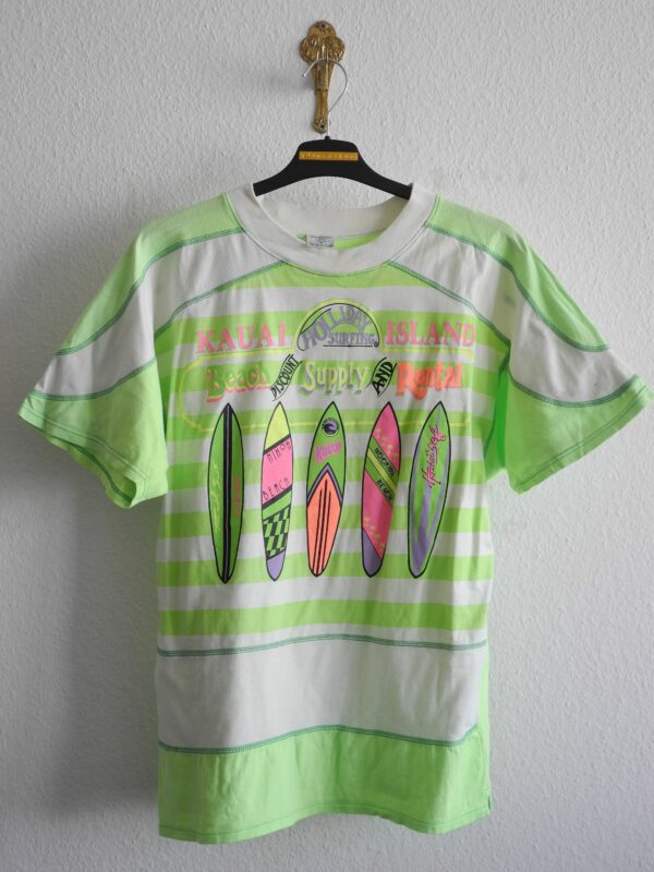 Vintage 80S Surfer T-Shirt S/M Neon Grün Weiss Gestreift Surfboard Print
