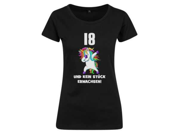 Witziges Damen T-Shirt Zum 18. Geburtstag Mit Einhorn Und Spruch 18 Kein Stück Erwachsen