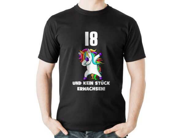 Witziges Herren T-Shirt Zum 18. Geburtstag Mit Einhorn Und Spruch 18 Kein Stück Erwachsen