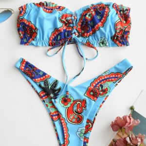 ZAFUL Bohemian Bandeau Bikini Badeanzug mit Hohem Ausschnitt und Schnürung M Hellblau