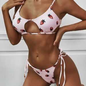 ZAFUL Erdbeere Gerippter Krawatte Seite Bikini Badebekleidung mit Ausschnitt S Hell pink