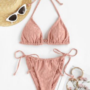 ZAFUL Gebundener Seitliche Blumen Gepolsterte Schnur Bikini Badebekleidung S Hell pink