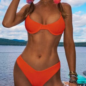 ZAFUL Gerippter Bikini-Badeanzug mit Bügel und Hohem Bein S Orange