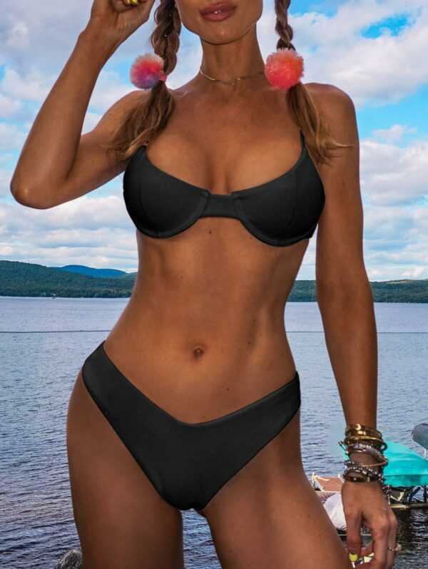 ZAFUL Gerippter Bikini-Badeanzug mit Bügel und Hohem Bein S Schwarz