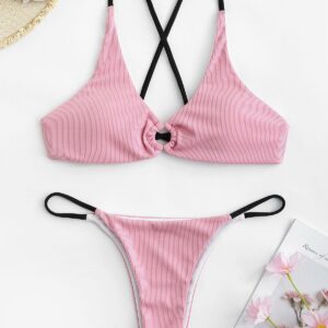 ZAFUL Gerippter O Ring Bikini Badebekleidung mit Schnürung S Hell pink