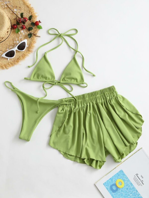 ZAFUL Gerippter dreiteiliger Neckholder-Bikini-Badeanzug M Pistazie grün