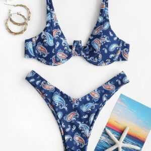 ZAFUL Hochgeschnittener Bikini Badeanzug mit Paisleydruck Xl Tiefes blau