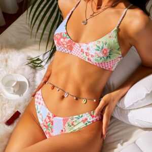 ZAFUL Kreuzer und Querer Bikini Badeanzug mit Blumenmuster und Schnürung L