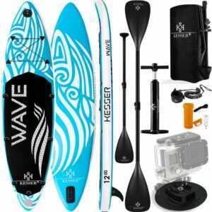 ® Aufblasbares SUP Board Set Stand Up Paddle Board Premium Surfboard Wassersport | 6 Zoll Dick | Komplettes Zubehör | 130kg , (AQUA) H.Blau 366CM