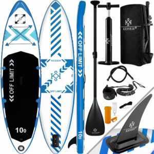 ® Aufblasbares SUP Board Set Stand Up Paddle Board Premium Surfboard Wassersport | 6 Zoll Dick | Komplettes Zubehör | 130kg , (LIMIT) Weiß / Blau