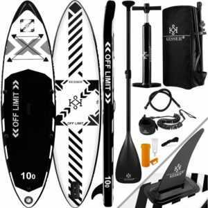 ® Aufblasbares SUP Board Set Stand Up Paddle Board Premium Surfboard Wassersport | 6 Zoll Dick | Komplettes Zubehör | 130kg , (LIMIT) Weiß / Schwarz