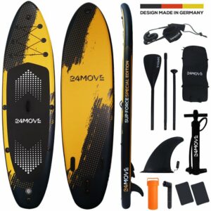 24move - ® Sup 320cm Gelb Schwarz, Aufblasbares Stand Up Paddle Board Set, Surfboard, Yoga Board, Kajak, Action Cam Ready, Pumpe, Rucksack, 3 Finnen,