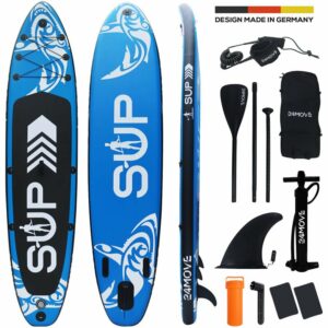 24move - ® Sup 366cm Blau, Aufblasbares Stand Up Paddle Board Set, Surfboard, Yoga Board, Kajak, Action Cam Ready, Pumpe, Rucksack, 3 Finnen, Ventil,
