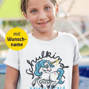 Einschulung Schulkind 2022 Einhorn Pferd Kinder T-Shirt + Mädchen, Schulstart, Schulbeginn, 1. Klasse, Personalisiert, Wunschname