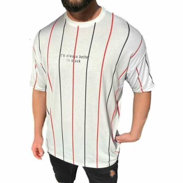 Herren T-Shirt Oversize Shirt Long-Shirt Tee Sommer Shirt Gestreift Modern Mode Fashion S Schwarz-Rot